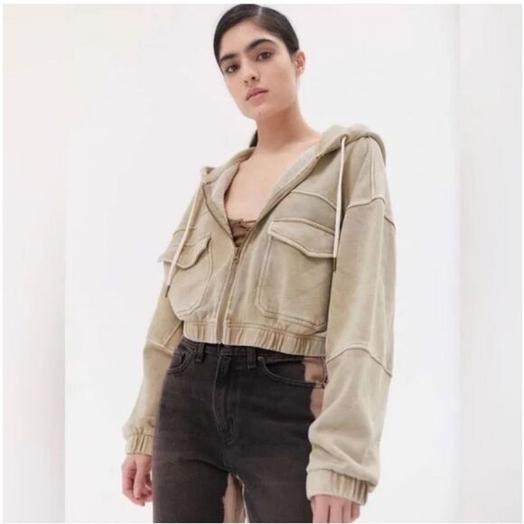 URBAN OUTFITTERS | Yogi Cropped Zip Fleece Hoodie Acid Wash Green Women’s Size M - Picture 1 of 11